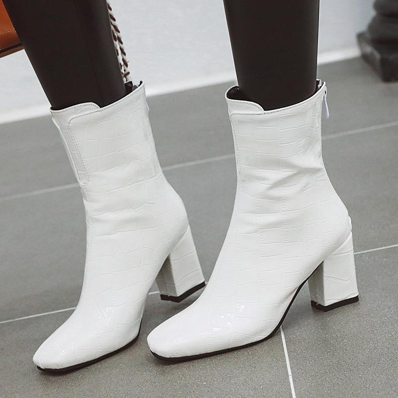 Autumn Women's Ankle Boots Shoes Snake Leather Block High Heel Red White Short Boot Female Fashion Winter Shoes Large Size 48