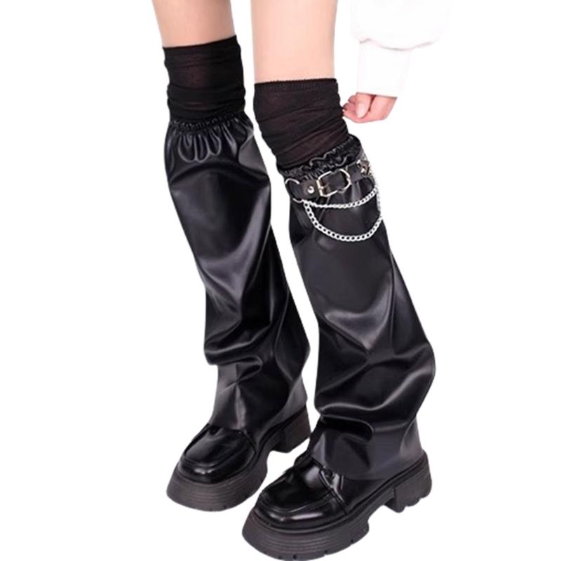 Women's Harajuku Faux Leather Flared Leg Warmers and Over Knee Socks Garter Belt Set for Punk Girls Japanese Streetwear