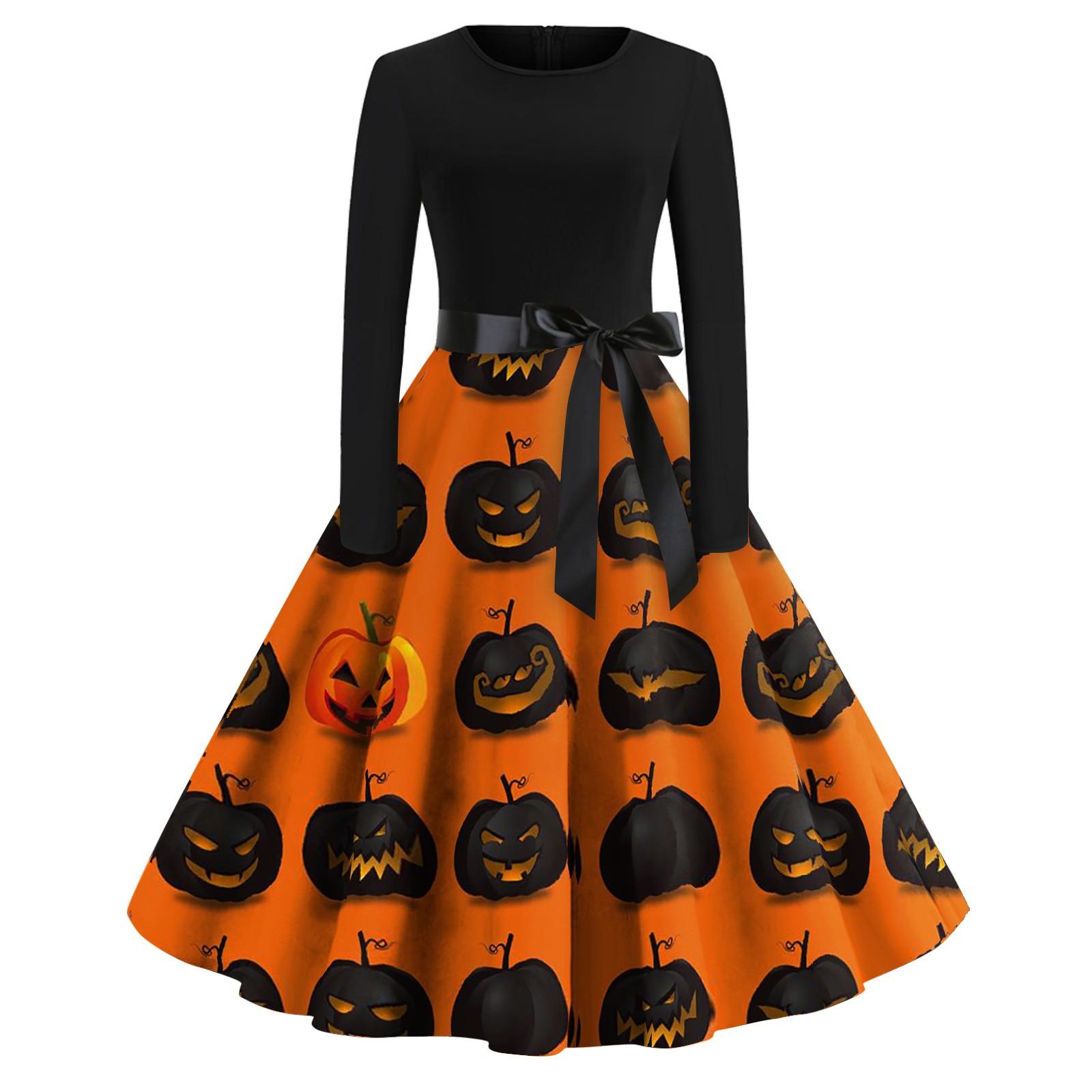 

Платье с расклешенным принтом на Хэллоуин для женщин, платье с длинным рукавом, полые вечерние повседневные платья L имбирный