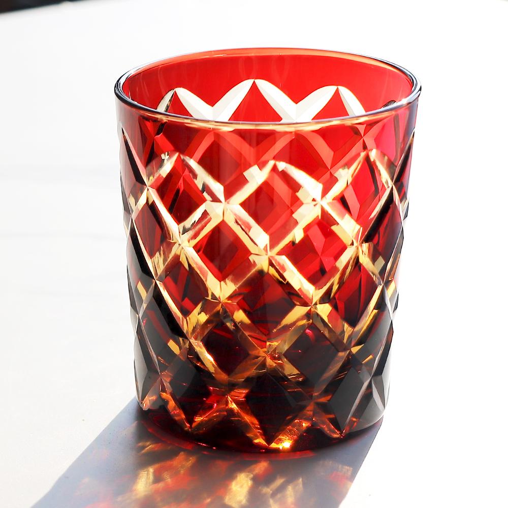 240ml Handmade Japanese Edo Kiriko Style Amber Whiskey Glass Tumbler for Home Bar Decor Rocks Bucket Cocktail Serving