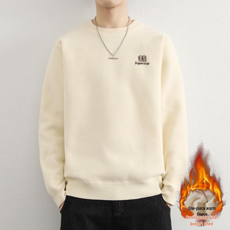 Men's Youth Velvet Thickened Wool Sweater - Embroidered, Warm, Trendy Round Neck Knitwear for Autumn and Winter