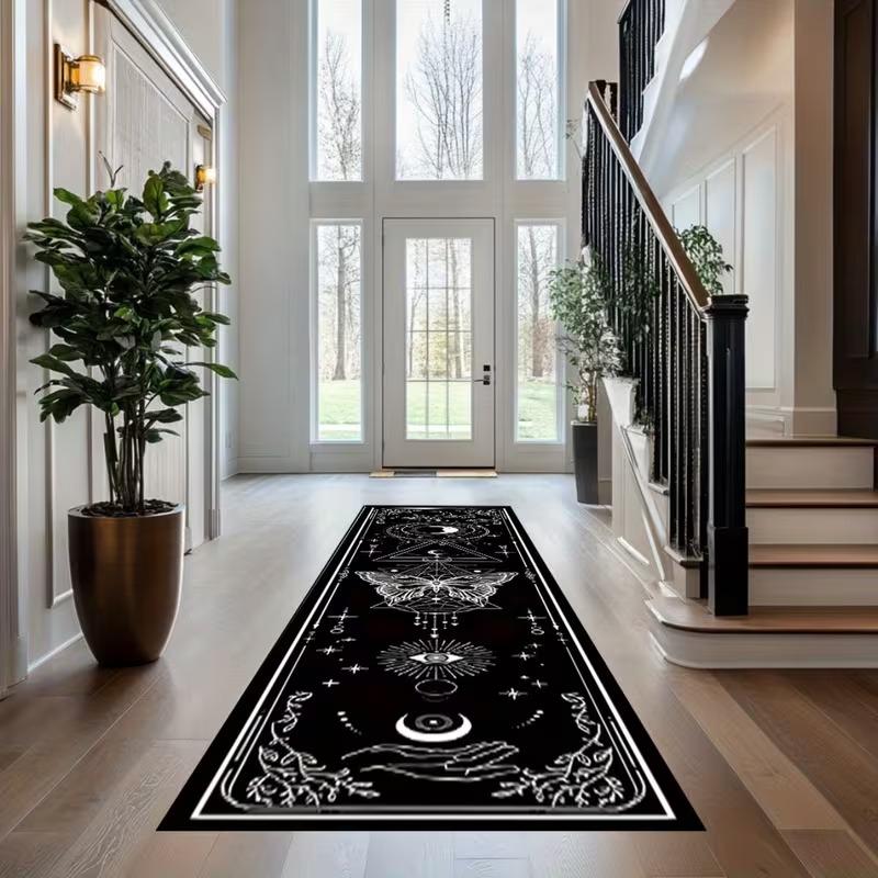 Lunar Mystic Butterfly Carpet Black Base with White Line Art Esoteric Symbols Rug Geometric Floor Mat for Meditation Spaces