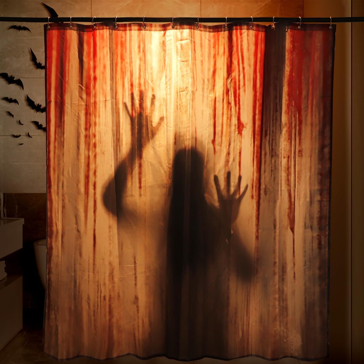 Jessica Chen Women's Halloween Shower Curtain Set: Spooky Blood Ghost Shadow Horror Bathroom Shower Curtain With Hook, Bloody Handprint