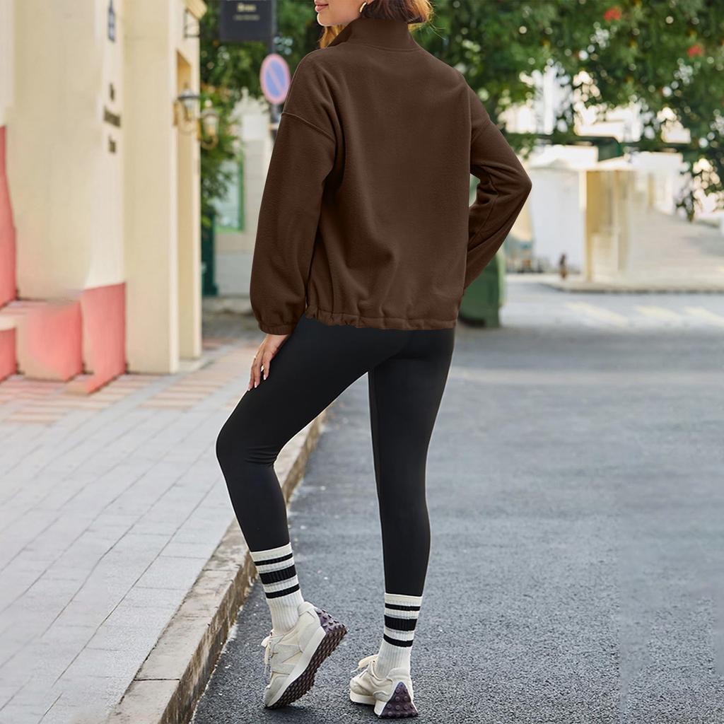 Women's Fleece Sporty Half-zipper Pullover, Fashionable Loose Long-sleeved Street-style Sweatshirt Top