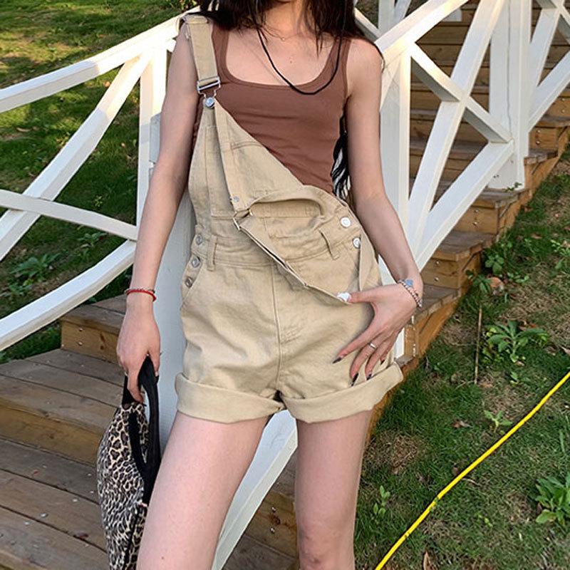Women's High-Waist Denim Overall Shorts - Casual American Style, Loose Fit, Cuffed Wide Leg Jumpsuit