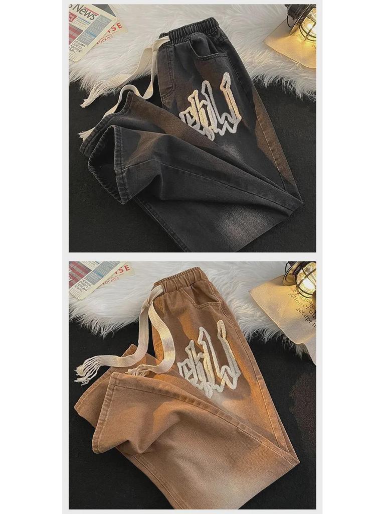 Męskie modne dżinsy proste na każdą porę roku z haftem