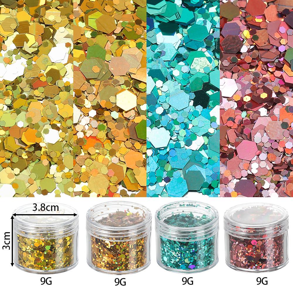 4 Flessen/Set Holografische Zeshoekige Grove Glitter Epoxy Hars Vulvlokken Laser Pailletten voor DIY Epoxy Hars Nagelkunst Vullingen