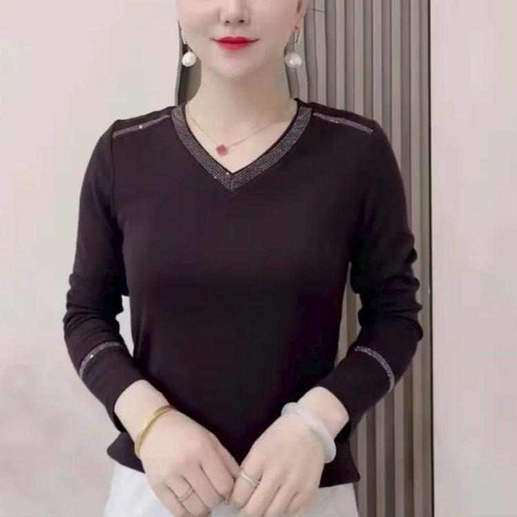 2025 Podzim Dámské V-neck Jednobarevné S dlouhým rukávem Volné Zeštíhlující Základní Tričko