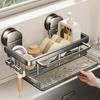 Kitchen Sink Organizer Suction Cup Space Aluminum Dish Sponge Holder Draining Rack with Hanging Rod + 2 Hooks + Drip Tray