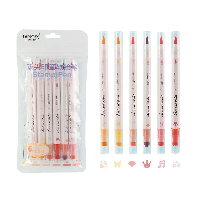 

Набор цветных штемпельных ручек, 6 шт., двусторонняя кисть для печати и хайлайтер, художественный маркер для рисования
