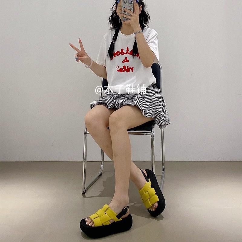 Great to wear~ Open-toed fashionable yellow woven casual sandals women's breathable and versatile thick-soled heightening beach shoes