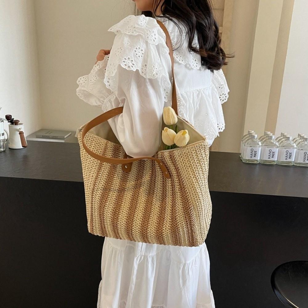 Striped Straw Shoulder Bag Bohemian Women Shopping Handbag Portable Weave Tote Bag Girl