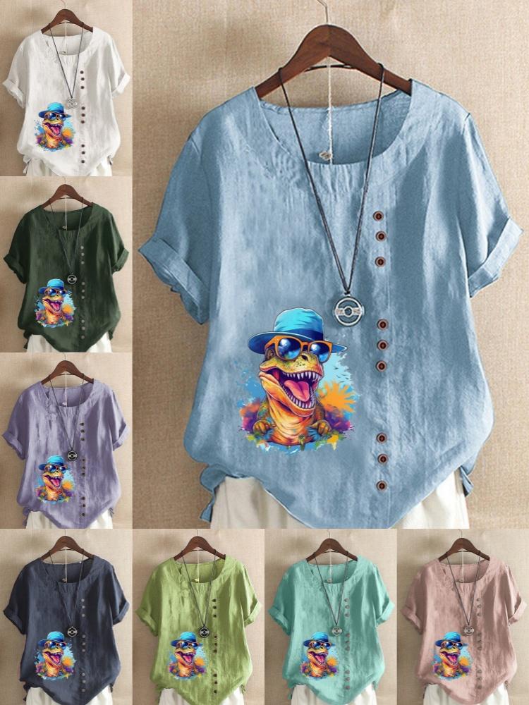 Women's Fashion Colorful Dinosaur Print Round Neck Short Sleeve T-shirt Summer Casual Cotton Linen Graphic Shirt Leisure Loose Blouse Tops