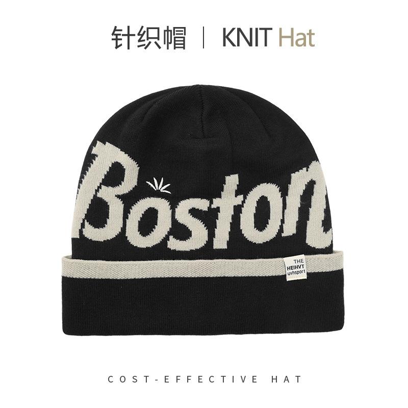 Fashion knitted hats men's and women's autumn and winter warm ear protection letter cold hat outdoor versatile big head circumference wool hat