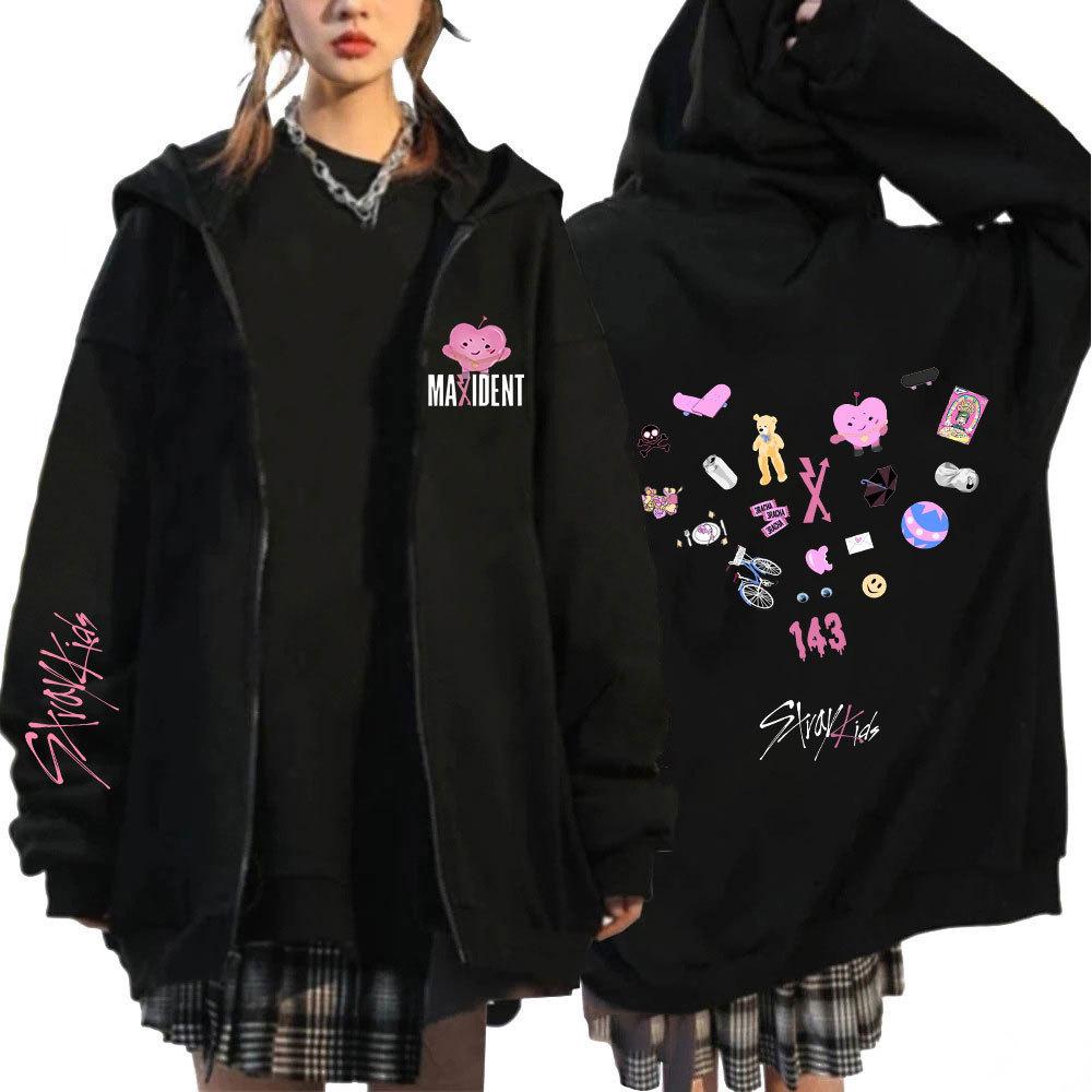 Unisex Harajuku Stray Kids Maxident Print Zip-Up Hoodie, Hip-Hop Y2K Style