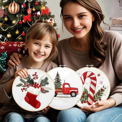 Christmas Embroidery Kit Winter Landscape Embroidery Starter Kit Santa Claus Embroidery Craft Set with Pattern Threads Needles for Beginners Adults