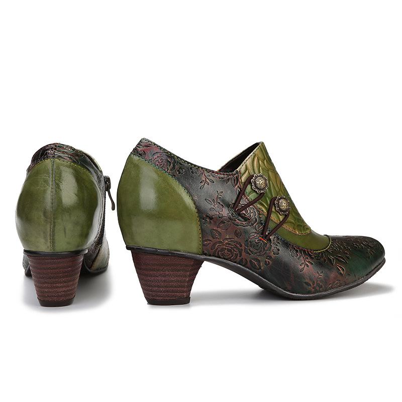 Johnature Genuine Leather Ethnic Style Pumps Women Shoes Round Toe Fashion Handmade Med Heels Ladies Shoes