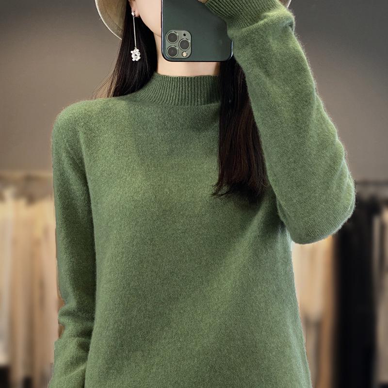 24 Early Autumn Seamless Knit Pullover Sweater with Long Sleeves and Half High Neck