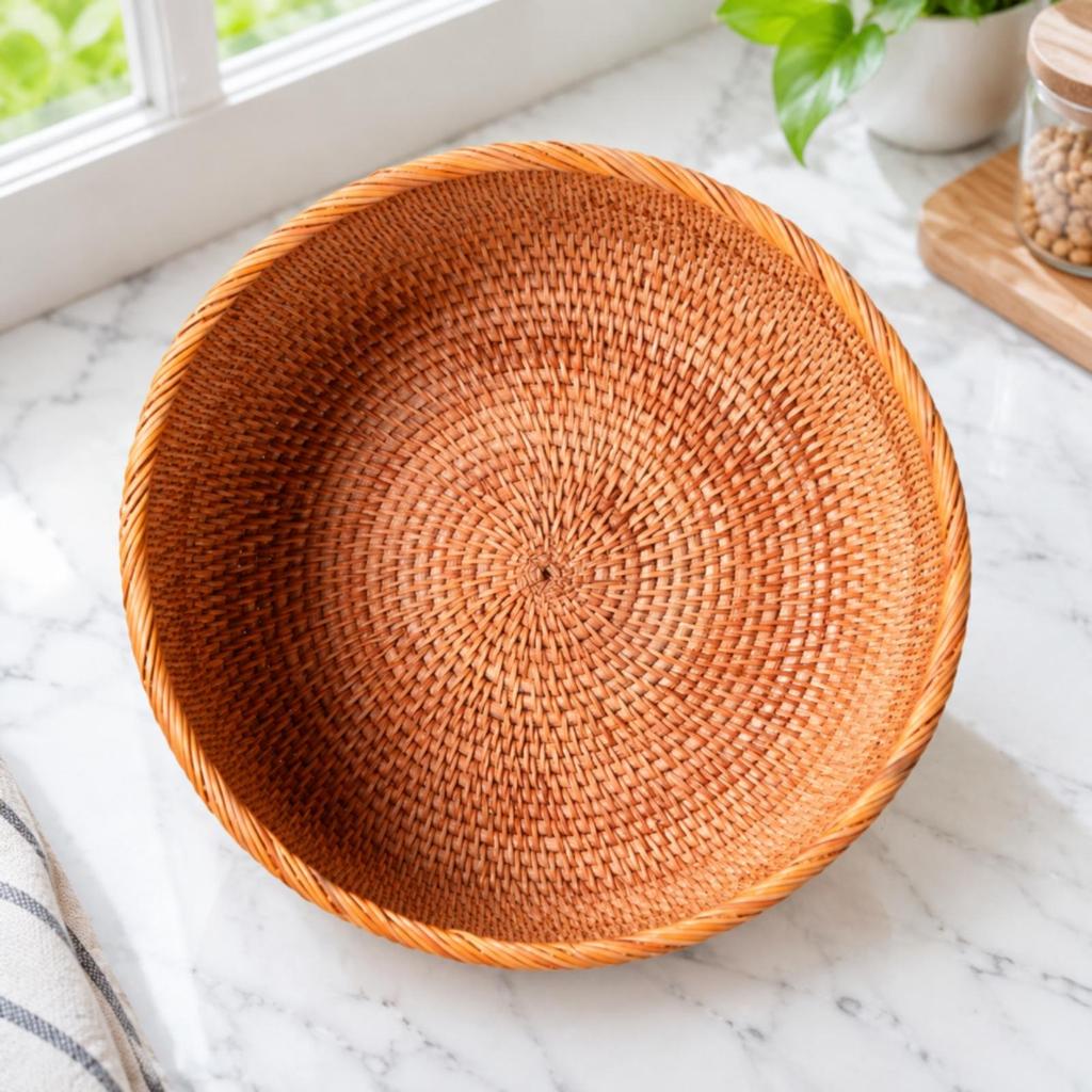 Handwoven Rattan Storage Basket Handmade Round Open Rustic for