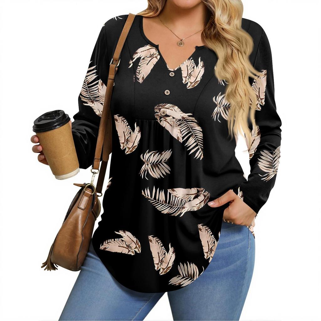 Womens Plus Size Long Sleeve Shirts  V Neck Tunic Tops Basic Loose Fit Tee Tops