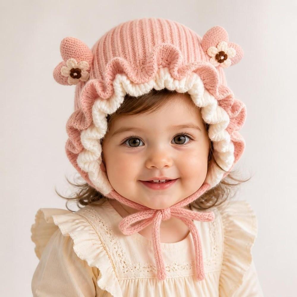 Elastic Soft Princess Knitted Hat Lace Ruffle Trim Ear Protection Hat Baby Toddlers