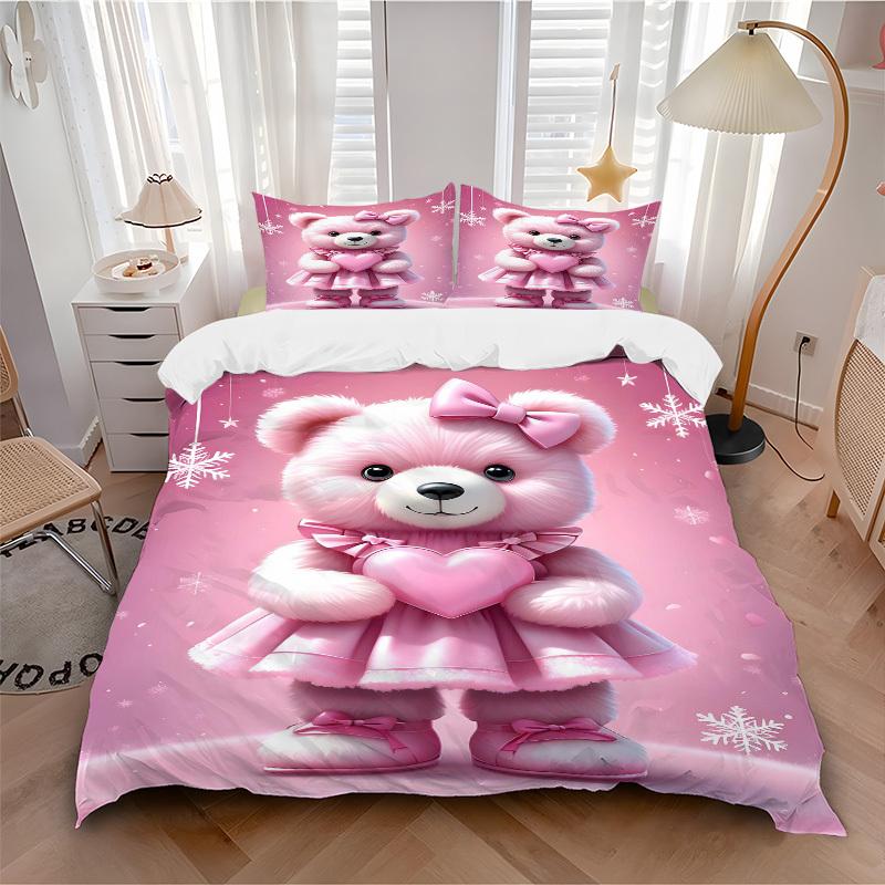 3pc Pink Teddy Bear Bedding Set, Includes One Quilt Cover and Two Pillowcases (No Core), Home Decor, Holiday Gift, Polyester Fabric, Suitabl