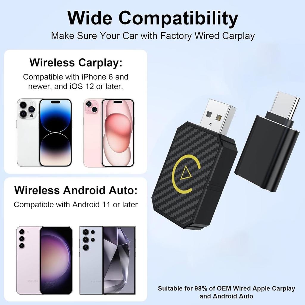 Wireless CarPlay Adapter 2in1 iPhone Android Auto USB Dongle Convert Wired to Wireless Bluetooth Car Stereo Receiver