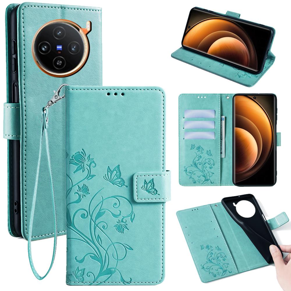 For vivo X100 5G Wallet Case Butterfly Imprinted PU Leather Wrist Strap Phone Cover