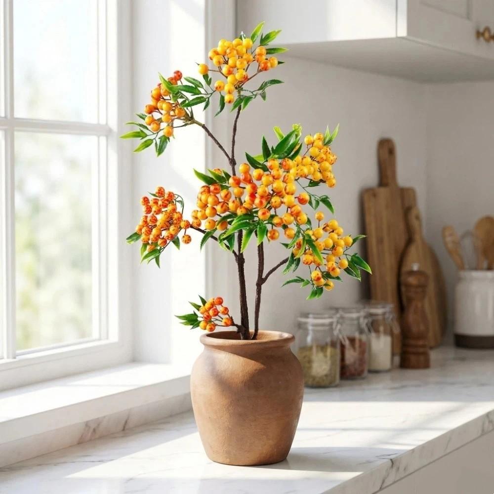 Green Leaves Artificial Foam Berries Branch Luxury Plastic Simulation Fruit Tree Elegant Faux Good Luck Fruits Fake Plants
