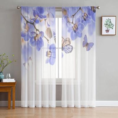 Tropical Orchids Floral And Butterfly Tulle Curtains For Living Room Decoration Modern Veil Chiffon Curtains Bedroom Sheer Voile