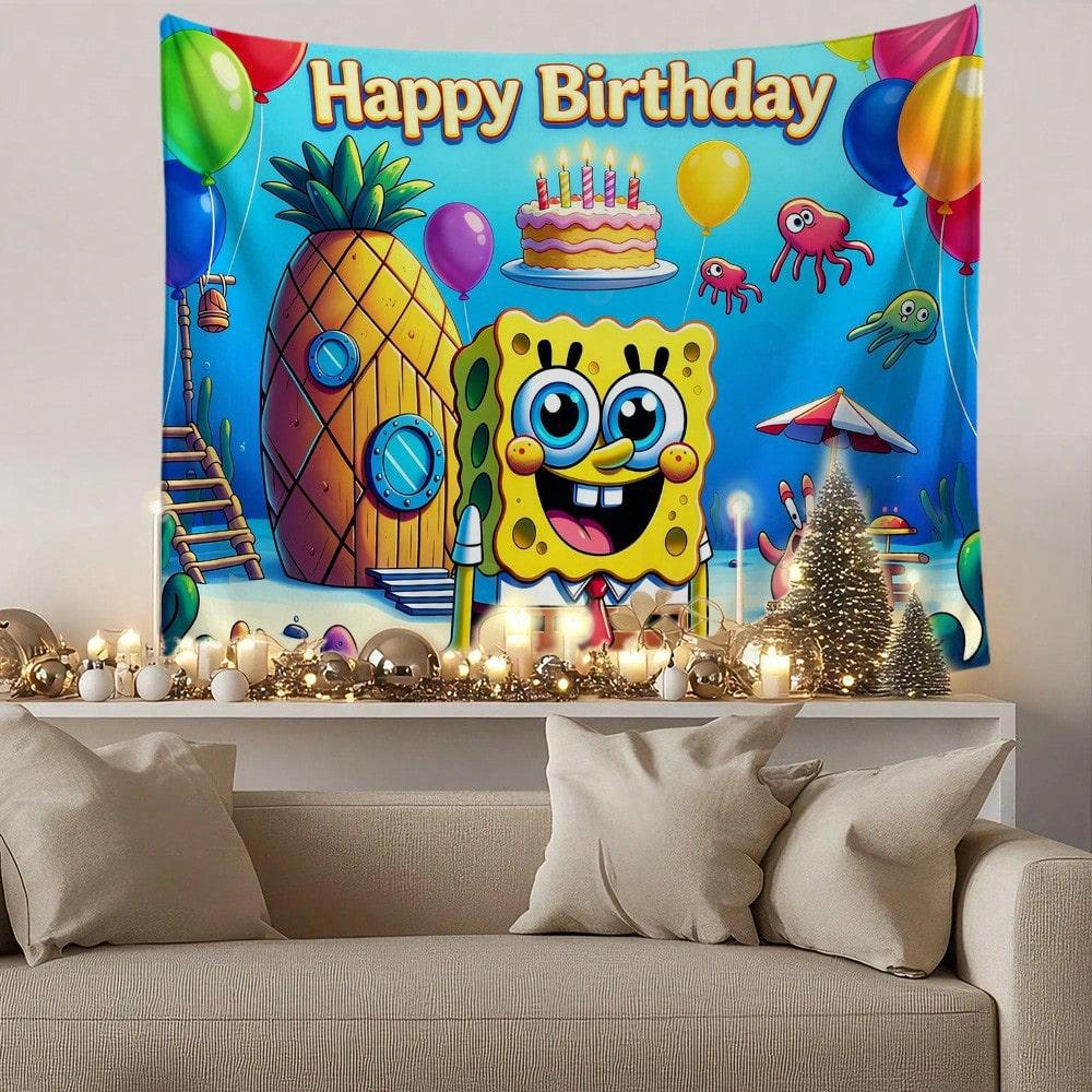 Spongebob Cartoon Design Printed Happy Birthday Party Tapestry Background Decoration Gifts Supplies Photography Backdrop Banner