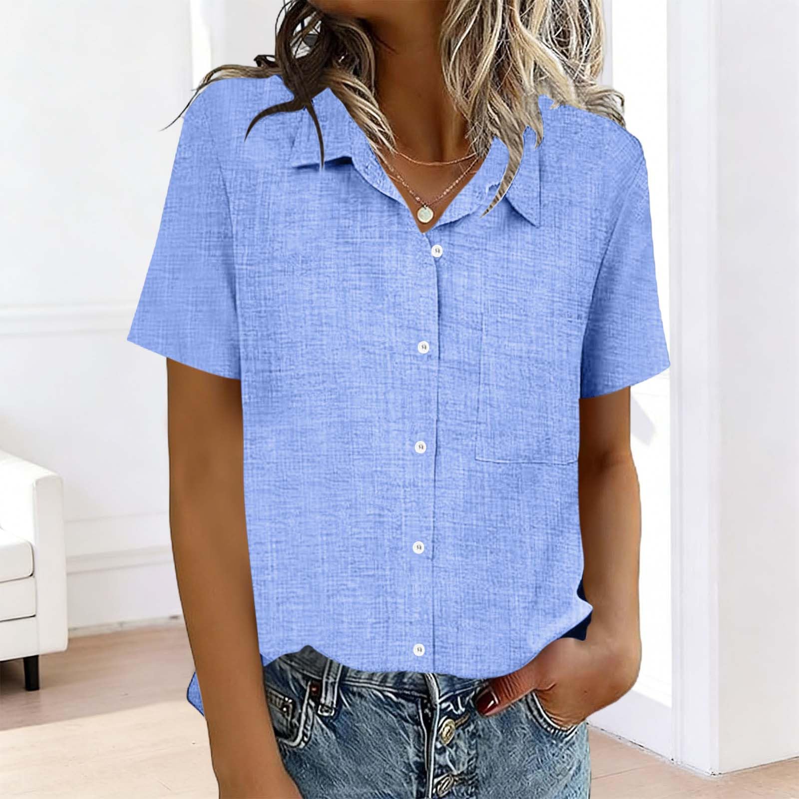 

Women s Fashion Color Standing Collar Short Sleeve Button-Up Shirt T-Shirt Top M