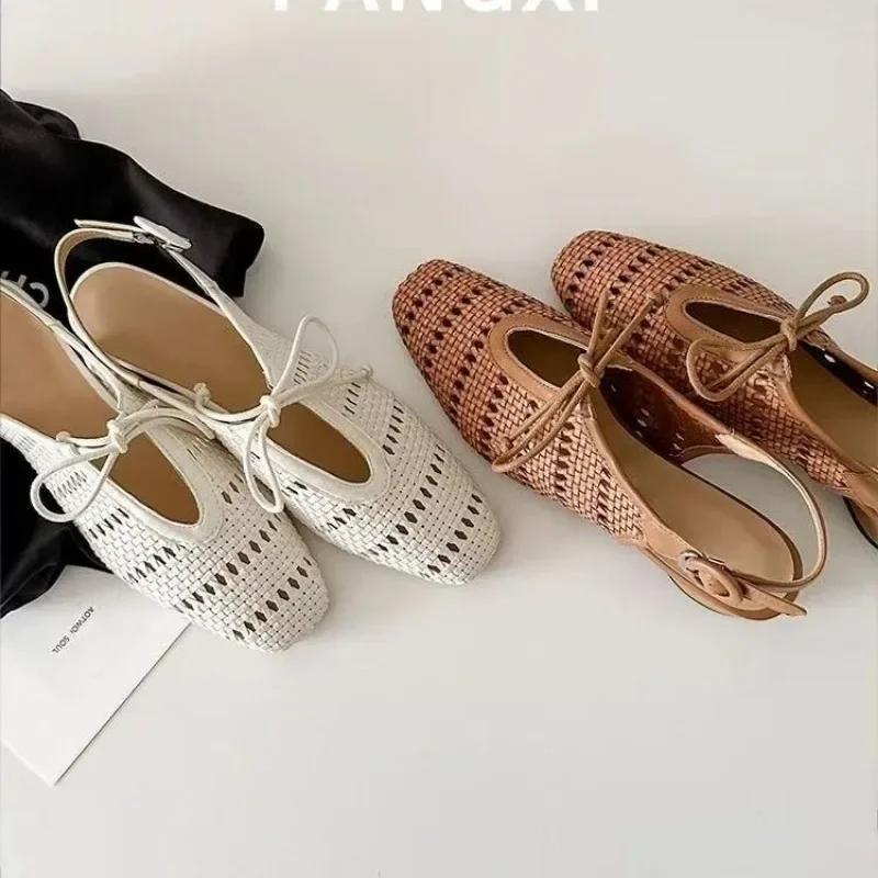 Fashion Niche Design Hollow Out Breathable 2025 Summer New Buckle Strap Women's Sandals Baotou Square Heel Bow Tie Casual Sandals Women