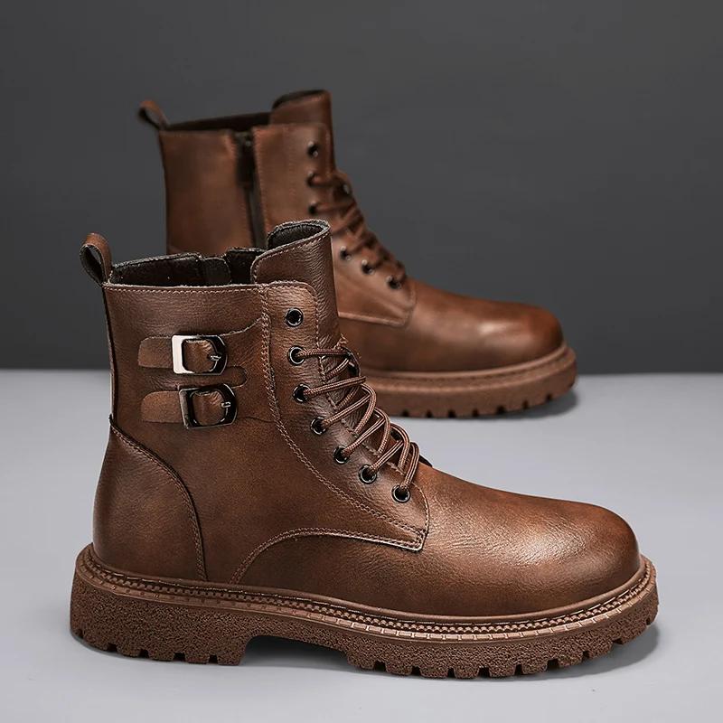 Men Outdoor Casual Leather Ankle Boots Large Size Soft Leather Motorcycle Boots Thick Bottom High Top Work Driving Shoes