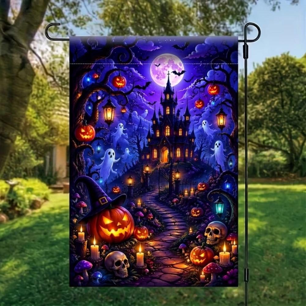2D Flat Print Halloween Garden Flag Single Sided Haunted House Pumpkin Black Cat Cloth Spooky Polyester Halloween Outdoor Banner