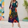 Women Plus Size Round Neck Long Sleeve Floral Printed A Line Midi Dress With Pockets