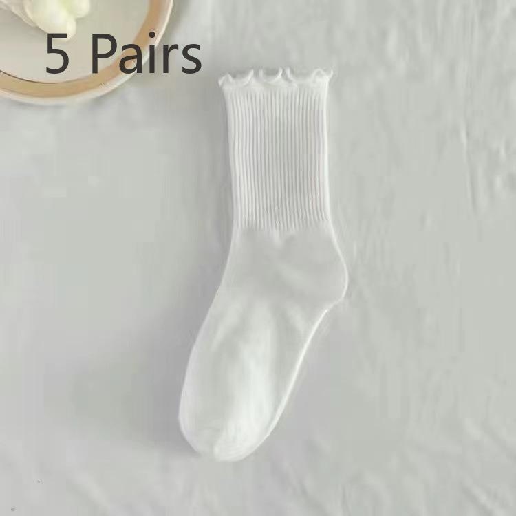 5 Pairs of White Lace Socks for Women In Summer, Mid-calf Black Ear-edge Women's Socks, School Style, Versatile Jk Pile Socks