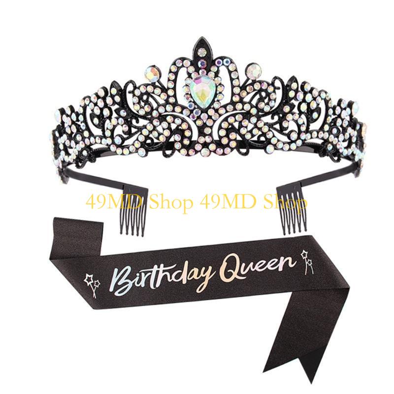 49MD 2pcs Birthday Party Crystal Tiaras and Sash Set for Women Fashion Hair Accessory