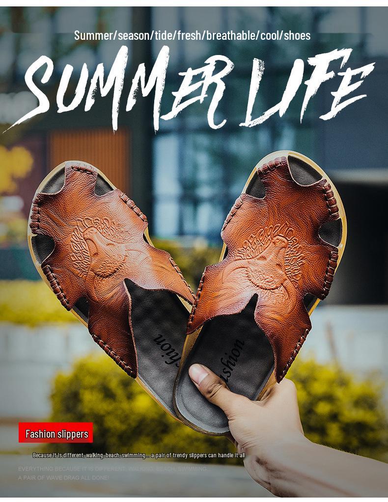Men's Trendy 2022 Casual Leather Sandals, Cow Tendon Slippers, Korean Style Beach Shoes, Summer Flip-Flops, Large Size.