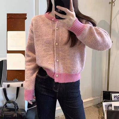 Spring and Autumn New Women's Knitted Sweater Temperament Short Contrasting Sweater Cardigan Crew Neck Jacket Top