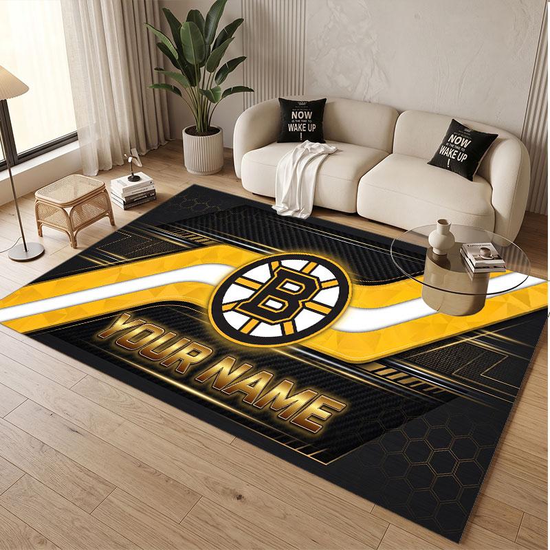 Benutzerdefinierter Teppich Boston Bruins Muster Druck Name Text Weicher Rutschfester Bodenbelag für Heim-Innenraumdekoration