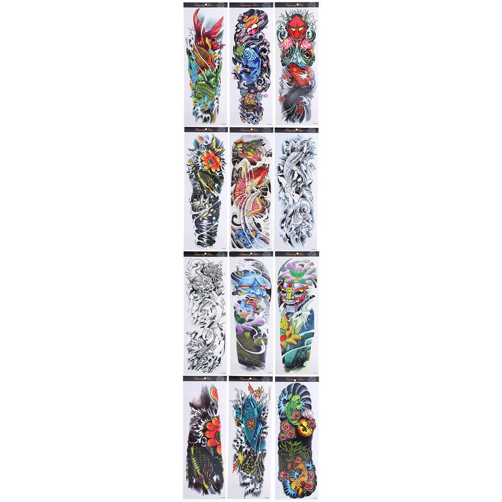12pcs Fake Tattoo Sticker Temporary Waterproof Sweatproof Unisex Full Arm Tattoos Stickers