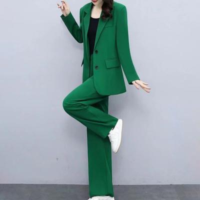 2 Pcs/Set Women Coat Pants Suit Formal Business Style Lapel Button Closure Cardigan Long Sleeve Straight Wide Leg Plus Size