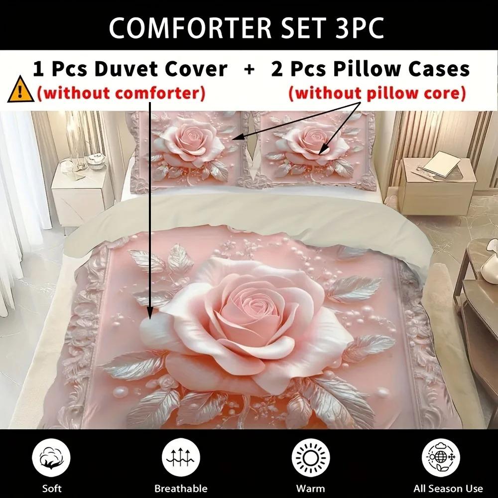 3Pcs Pink Bedding Set Girl Wind Flower 3D Print Cozy Duvet Cover King Queen Twin Size Birthday Gift For Adult Bedroom Decoration
