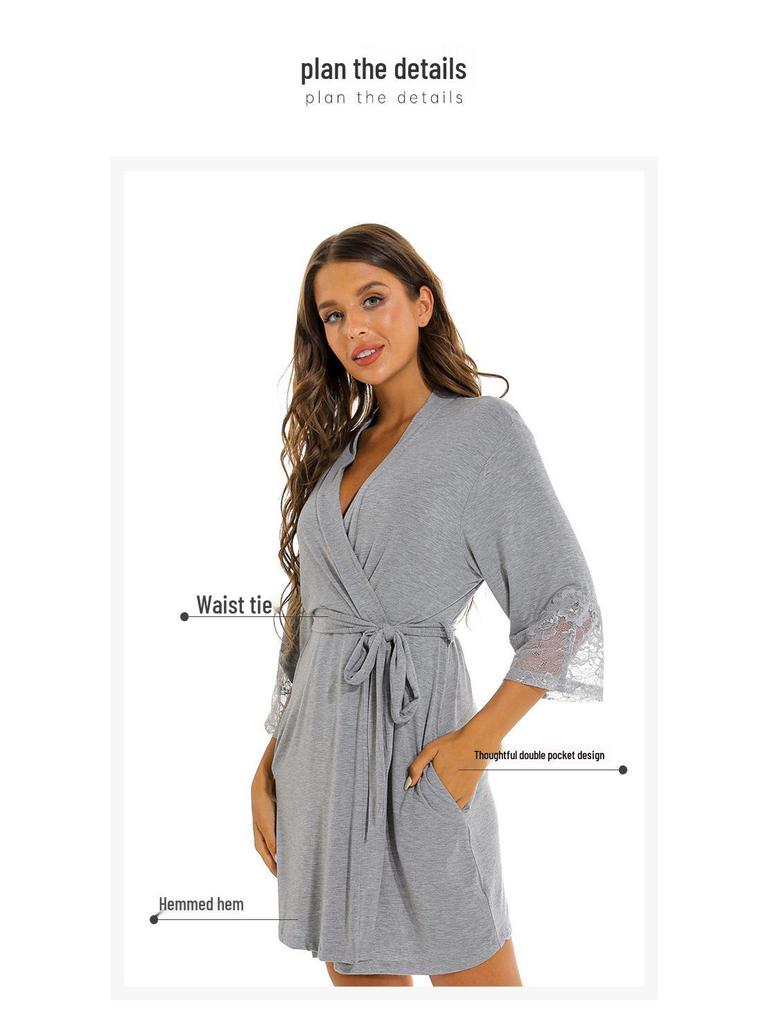 Plus Size Modal Cotton Lace Sleepwear - Women's Solid Color Loose Nightgown/Bathrobe