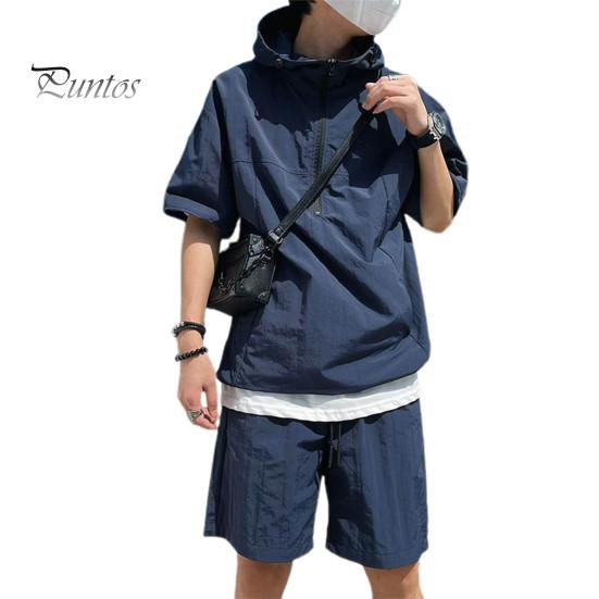 

2 шт./компл., мужская повседневная одежда, футболка с капюшоном на молнии и вырезом с короткими рукавами, эластичная талия, широкие шорты, комплект, сплошной цвет, свободный крой, наряд 3XL синий