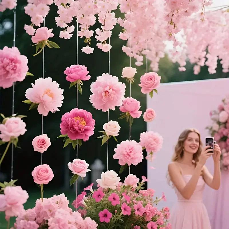 30/40/50Pcs Fishing Line Bohemian Style Artificial Flowers Floating Petals Water Falls Set Random Pink Flowers Pink DIY Pendants