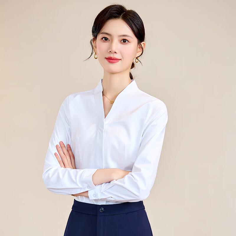 Women s V-Neck Long Sleeve White Blouse 3XL