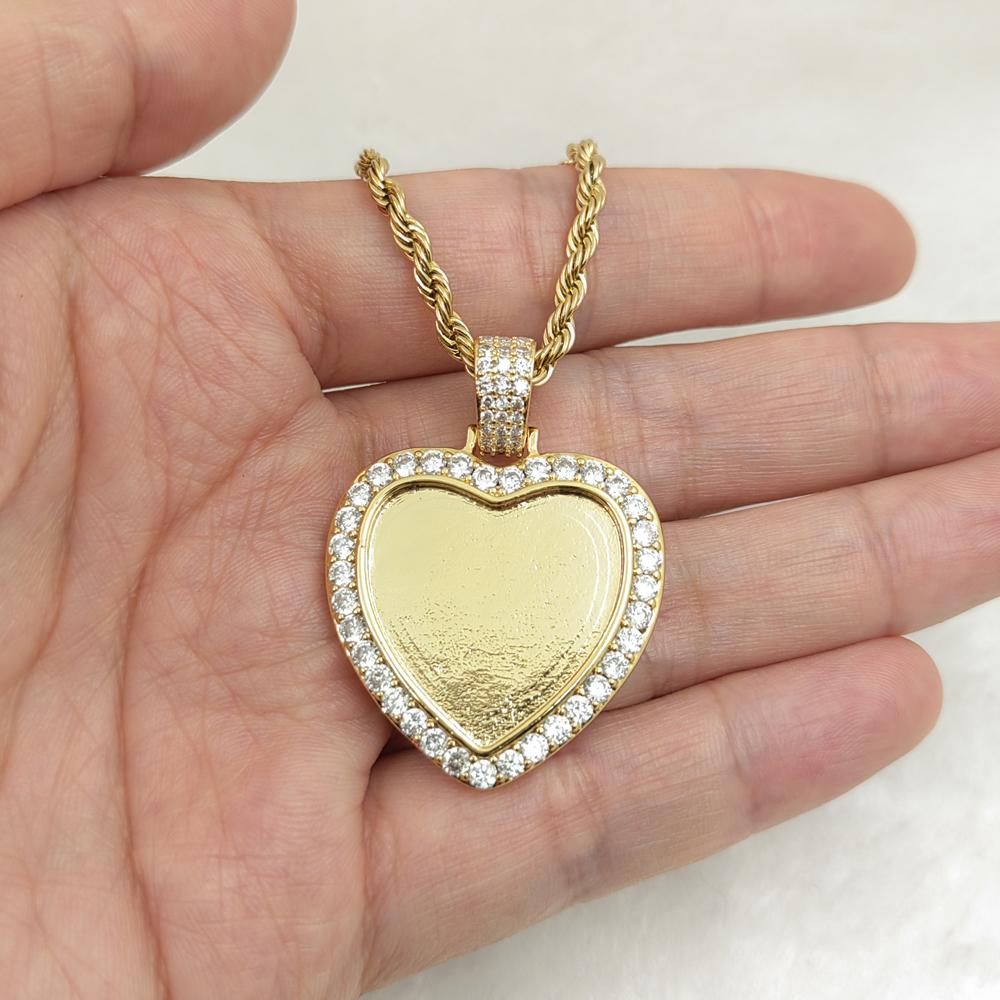 PP15 Brass Cubic Zircon Heart Photo Pendants Necklace Hip Hop Necklace BlingJewelry