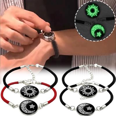 2 Peças de Pulseiras Trançadas Luminosas Sol e Lua para Casais Pulseiras Ajustáveis de Casal Moda Joias de Dia dos Namorados Presentes para Namorada